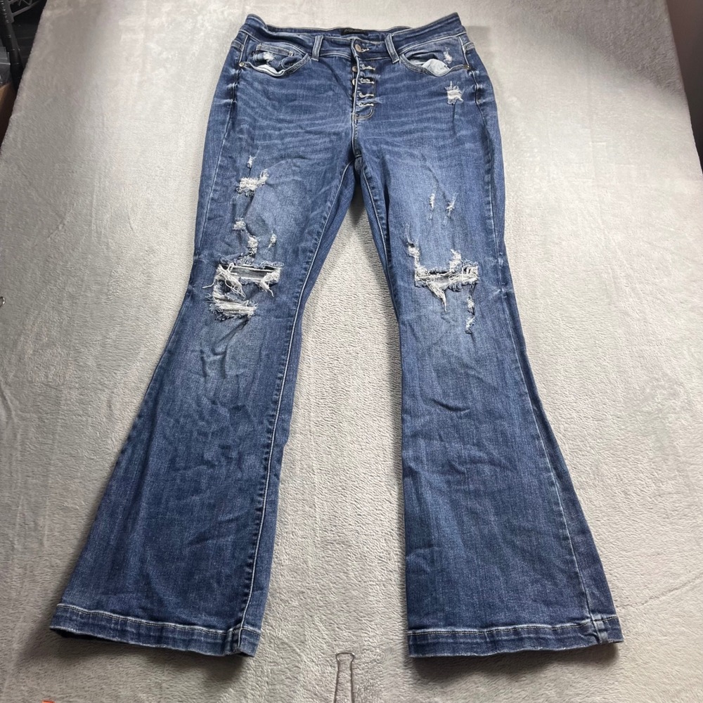 Judy Blue Trouser Flare Jeans Distressed Button Fly Blue 16W JB82430DK-PL